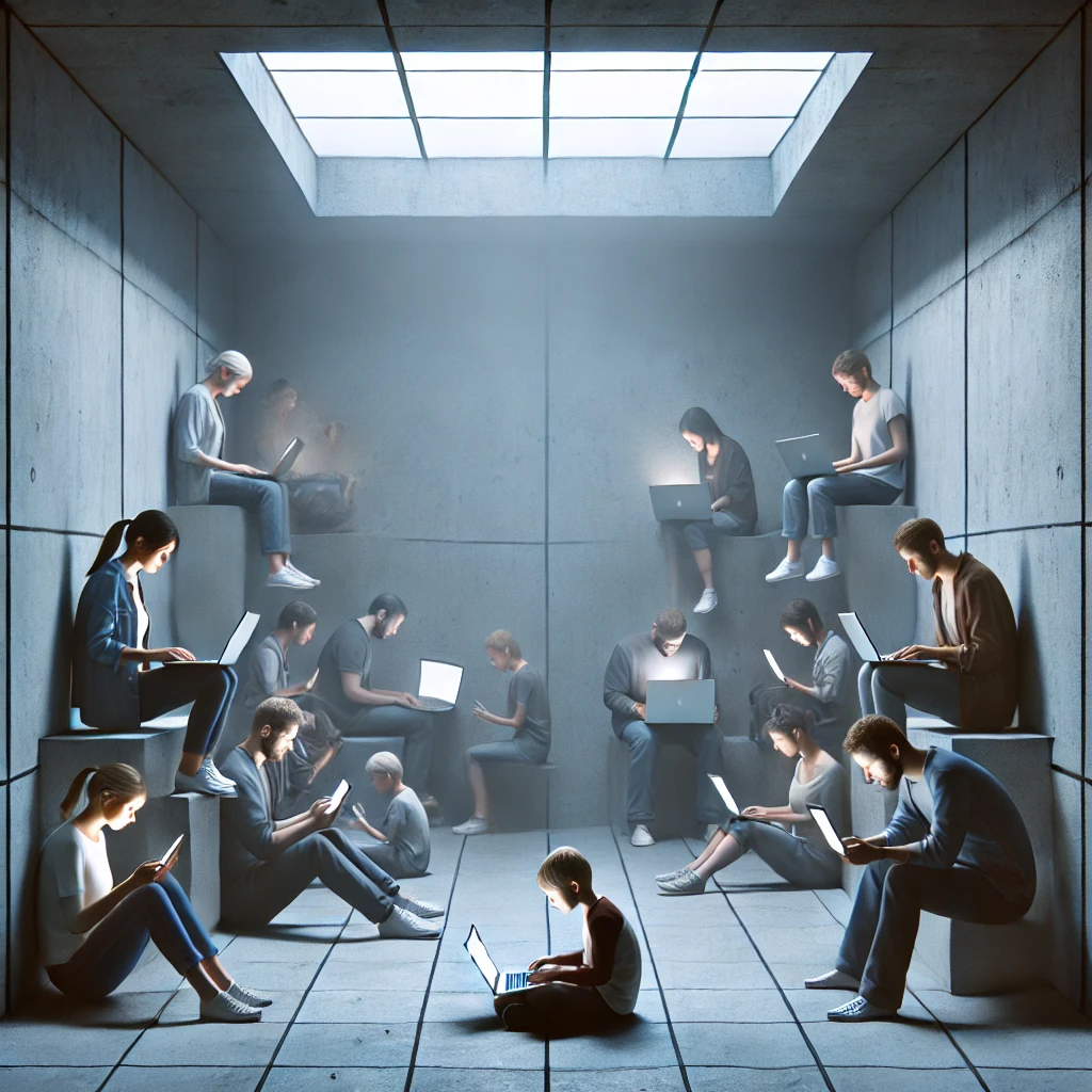 Personas de distintas edades, sentadas en silencio dentro de una sala cerrada, iluminadas por la luz de sus pantallas. Cada una absorta en su propio dispositivo, sin contacto con los demás. La escena transmite aislamiento digital, fragmentación social y encierro emocional en un entorno aparentemente neutro.