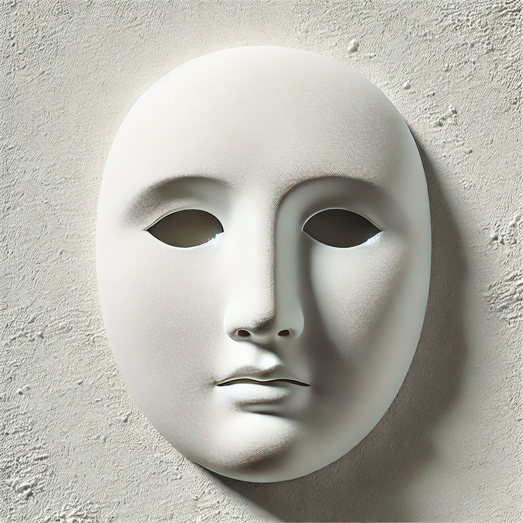 Persona Máscara griega blanca de expresión neutra sobre fondo blanco texturado, simbolizando el concepto de persona como representación y artificio.